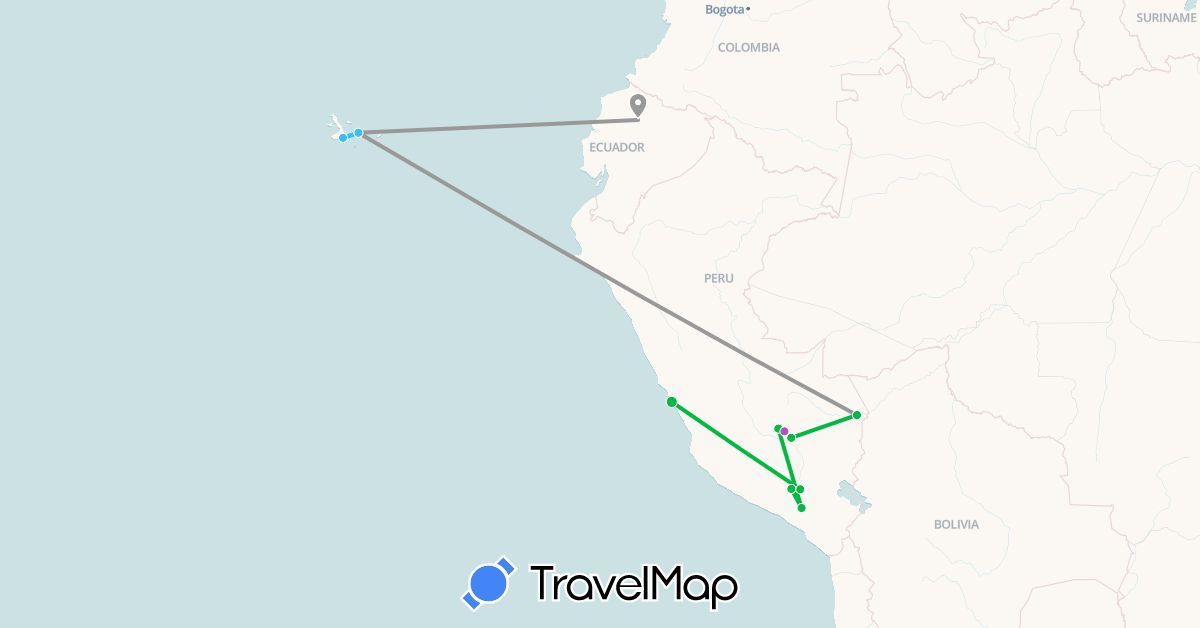 TravelMap itinerary: bus, plane, train, boat in Ecuador, Peru (South America)